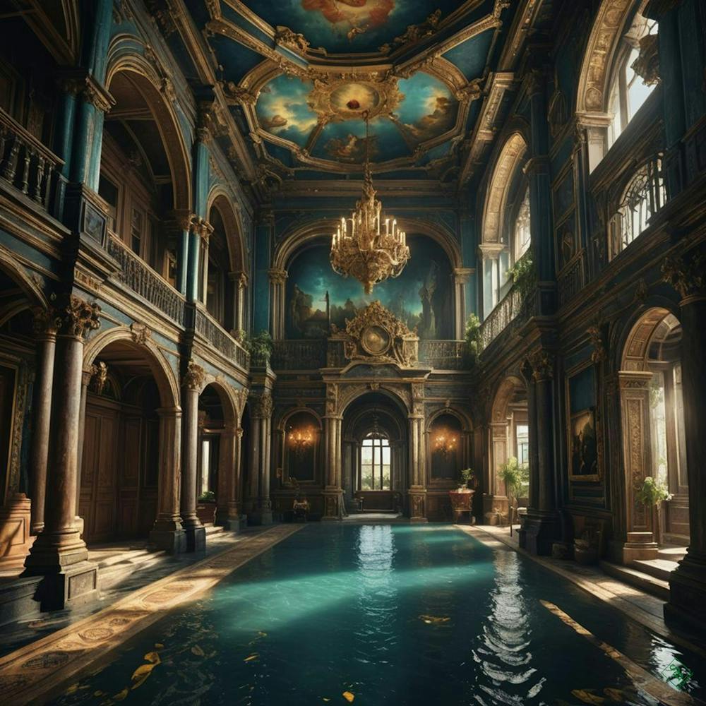 interno palazzo antico con piscina colore oro finestre archi