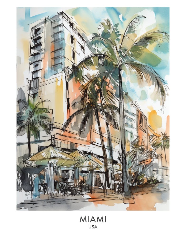 Miami Watercolour Travel Poster 3
