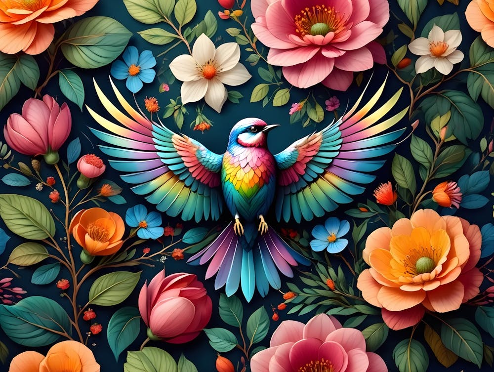 Vibrant Colorful Bird in Flowers Print - Beautiful Nature Wall