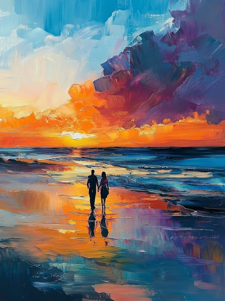 Painting Of A Couple Walking On The Beach At Sunset