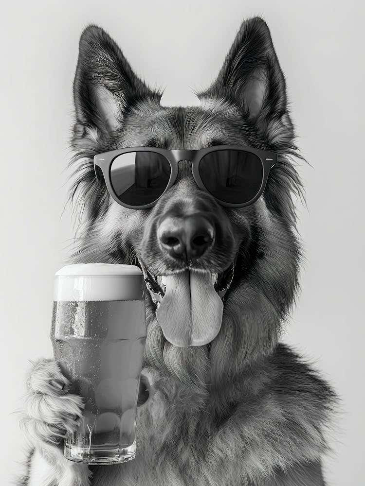 German Shepherd Drinking Beer Wall Art, Black And White Print, Dog Gift, Beer Alcohol Print, Funny Dog Poster, Bar Cart Decor
