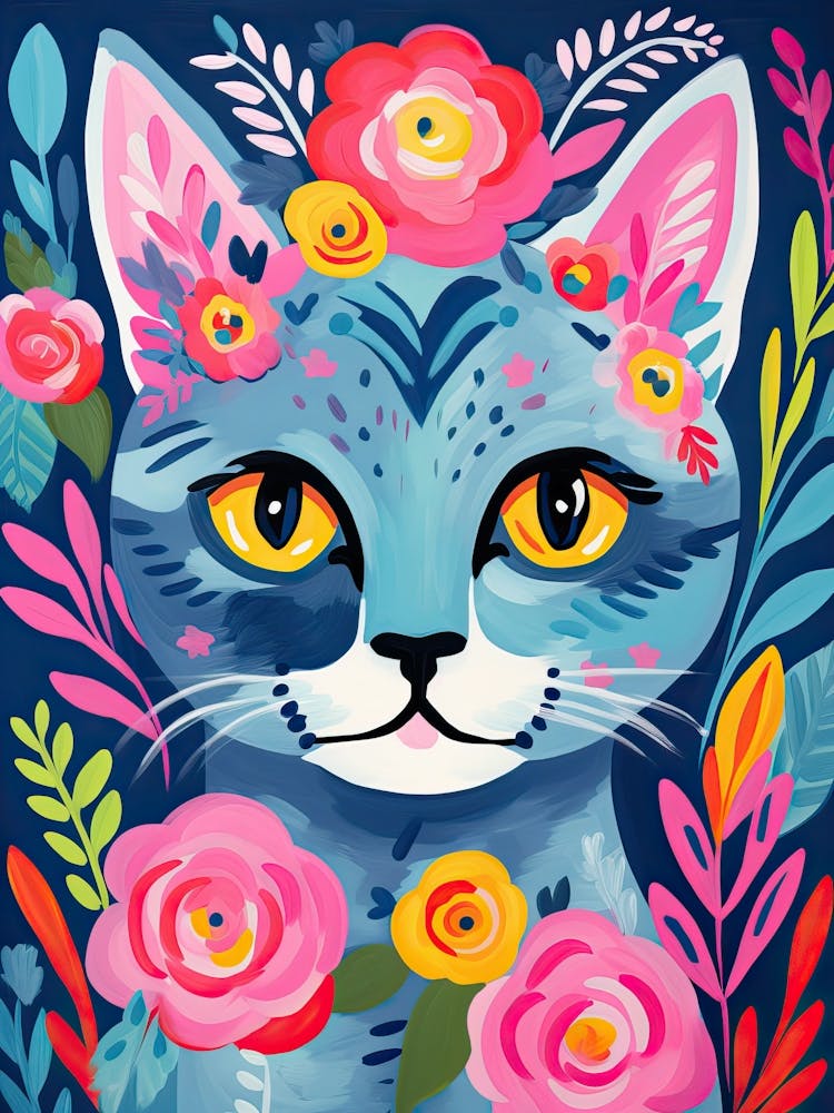 Russian Blue Cat With A Flower Crown Painting Matisse Style 2