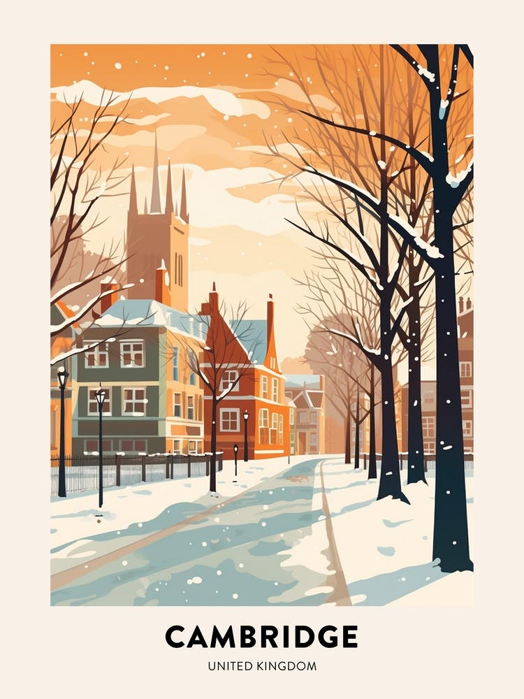 Vintage Winter Travel Poster Cambridge United Kingdom 4