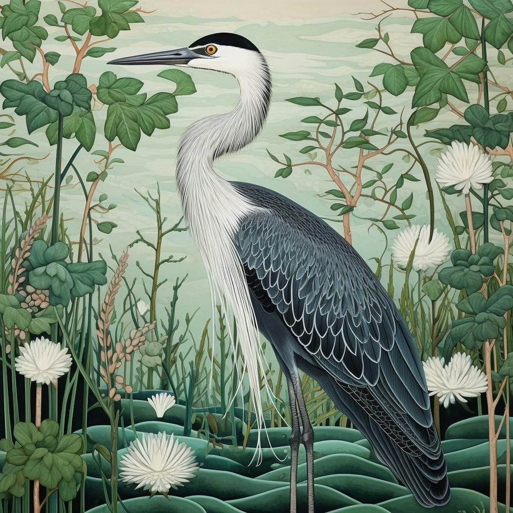 Ohara Koson Inspired Bird Painting Great Blue Heron 2 Square