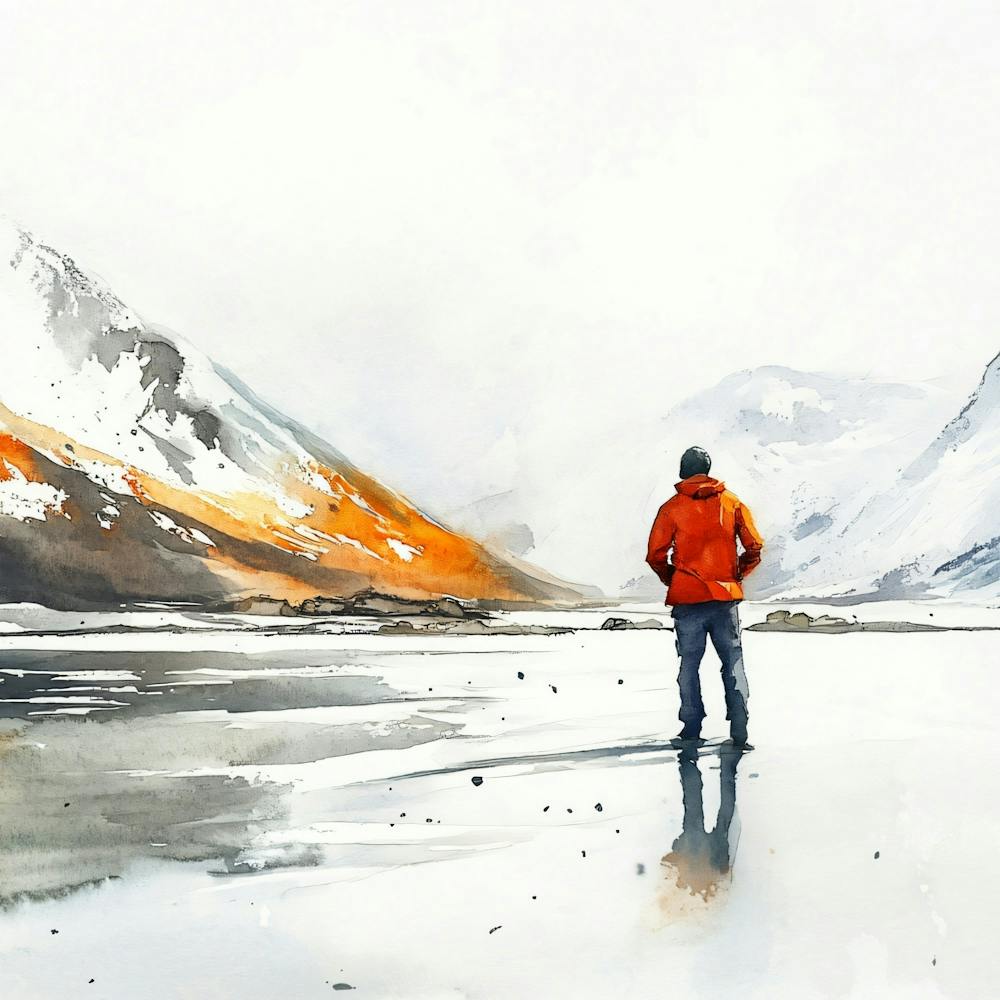 Man Looking At Snowy Mountains