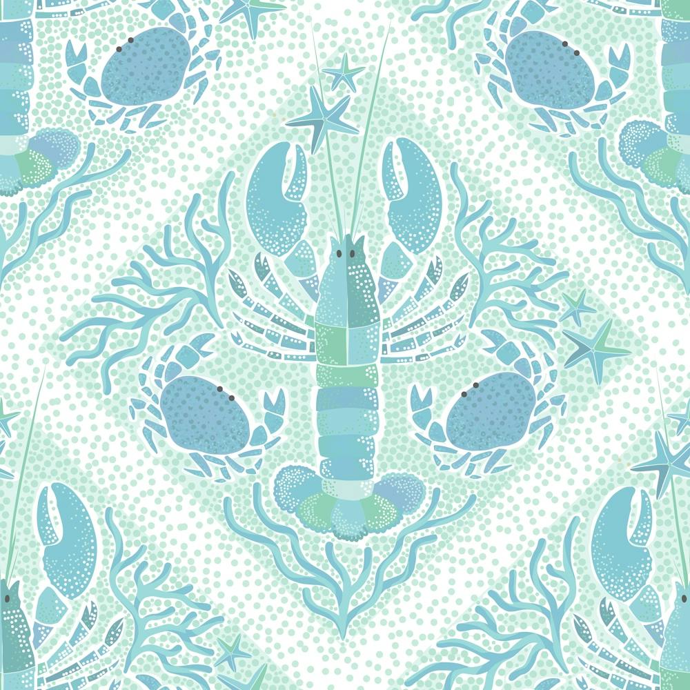 Summer Coastal Boho Lobster, Crab & Coral - Lattice pastel blue
