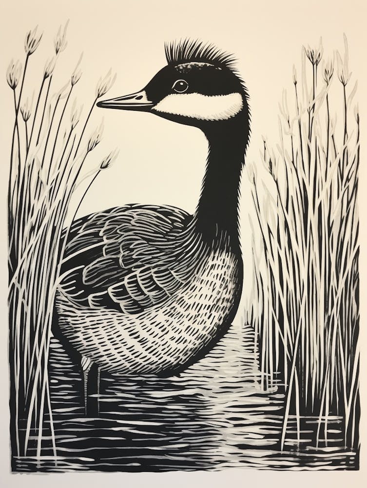 Linogravure d'oiseau N&B - Grèbe 3