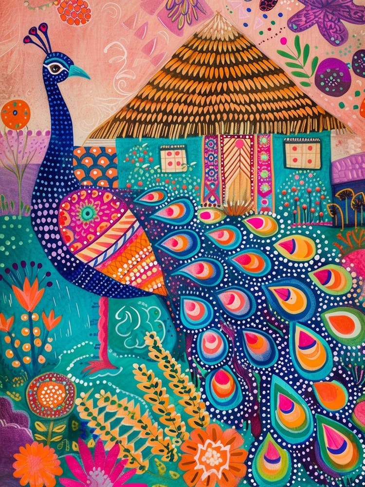 Peacock Outside A Thatched Cottage Illustration 1