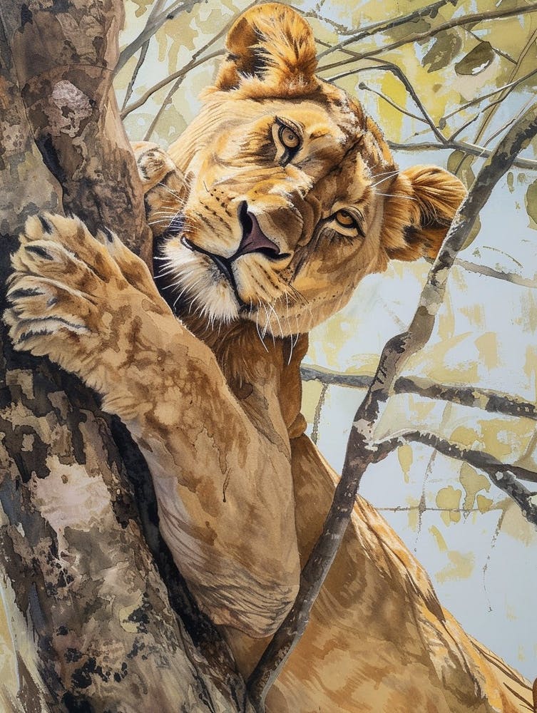 African Lion Climbing A Tree Acrylic Painting 2
