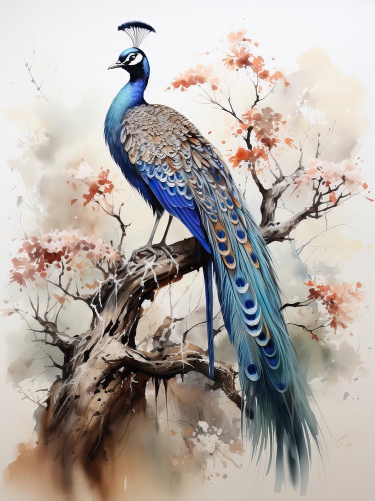 Peacock, Japanese Brush Painting, Ukiyo E, Minimal 4