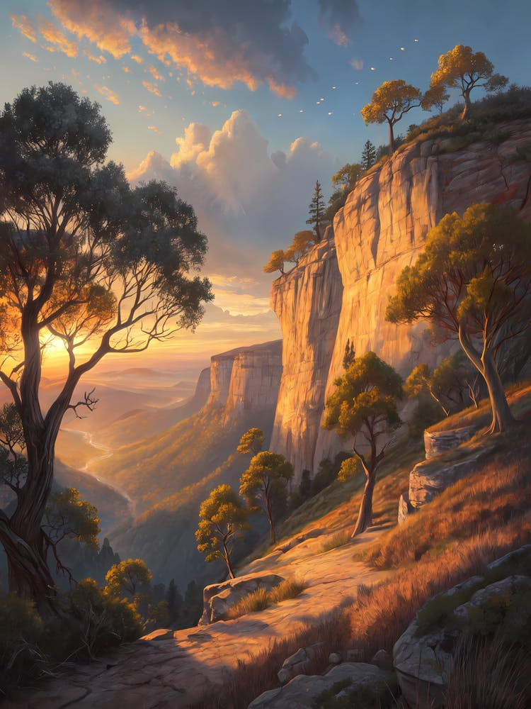 Oil Painting Style Evening Light Hitting Cliff