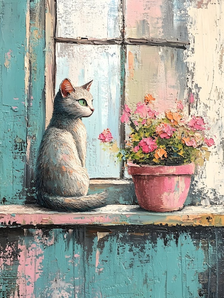 Katze am Fenster mit Blumen 15