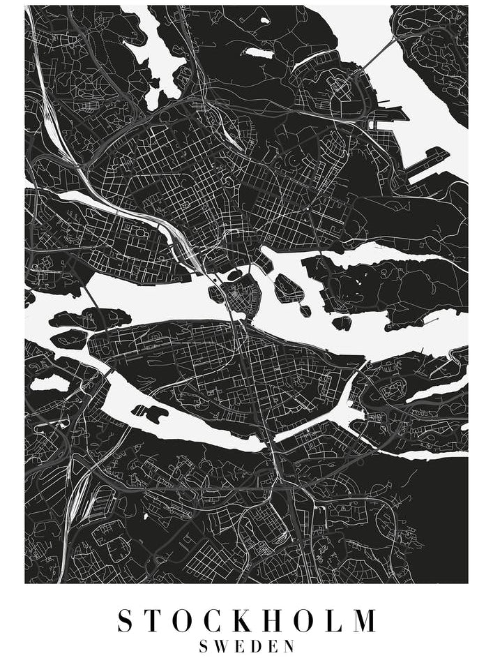 Stockholm Sweden Minimal Black Mono Street Map 