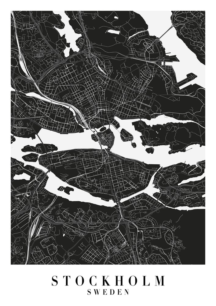 Stockholm Sweden Minimal Black Mono Street Map