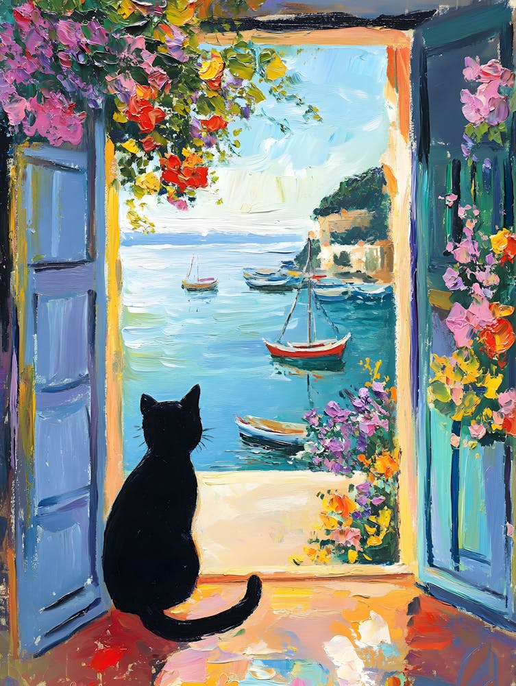 Oil Painting Black Cat Loves the Sea 7