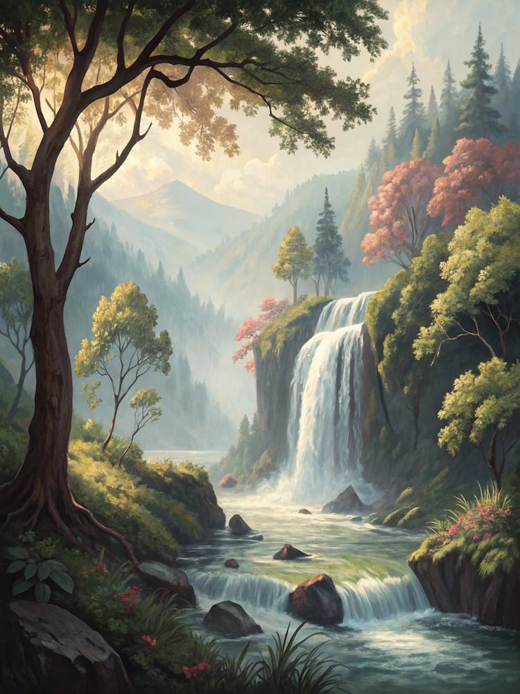 Oil Painting Style Waterfall Between Trees Soft