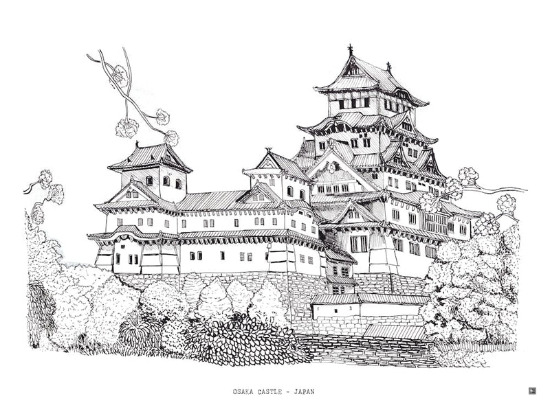 Osaka Castle Japan - Black Fine Line Architecture Drawing - Japanese Wall Art & Osaka Travel Print
