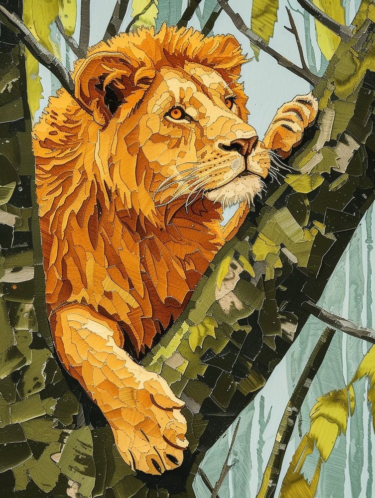 African Lion Relief Illustration Climbing A Tree 1