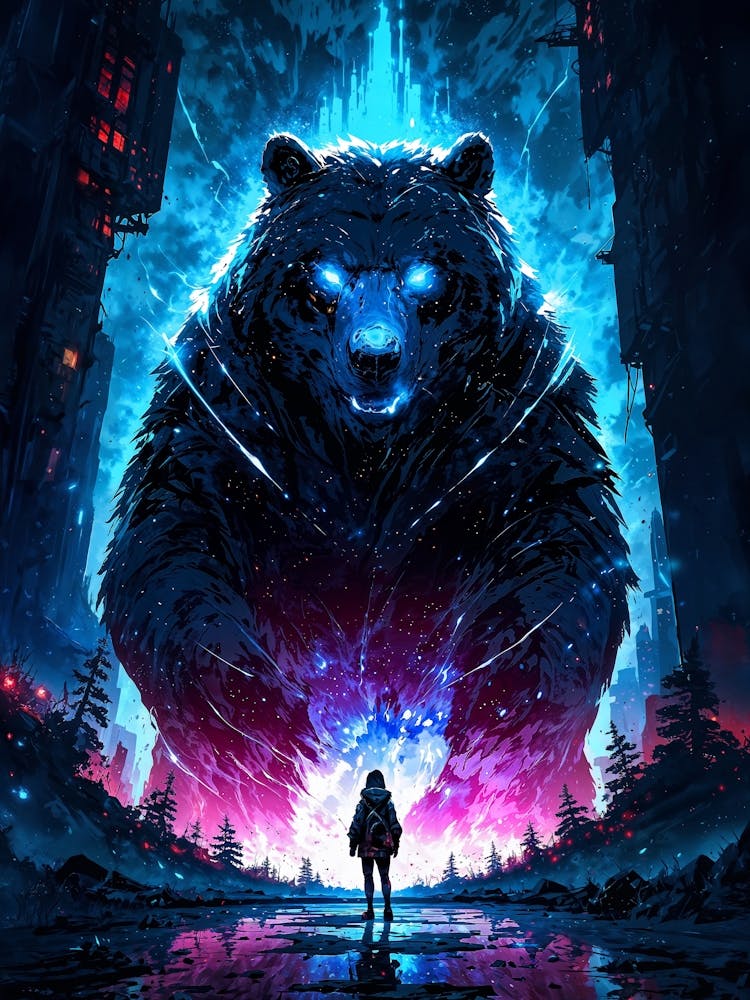 Epic Giant Bear vs. Girl Warrior: A large, imposing black bear with glowing blue eyes stands in the center of the image, its massive form filling the foreground. The bear is surrounded by a swirling vortex of blue and pink energy, creating a dramatic and