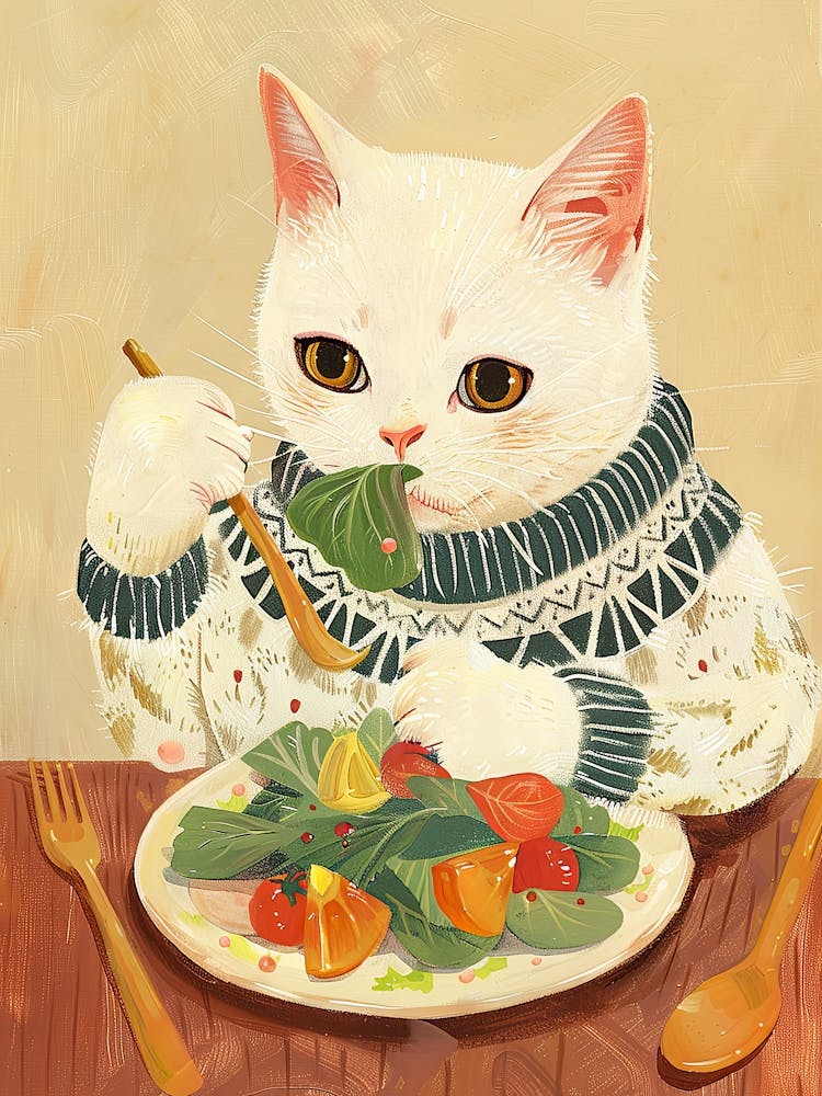 White Cat Salad Lover Folk Illustration 3
