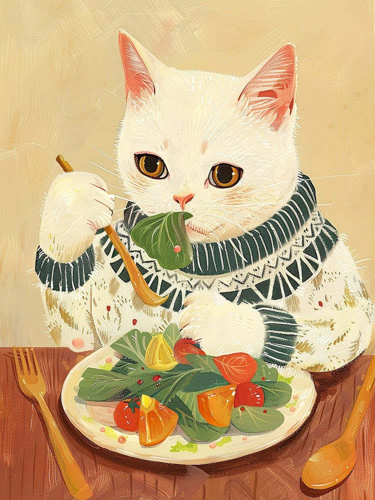 White Cat Salad Lover Folk Illustration 3