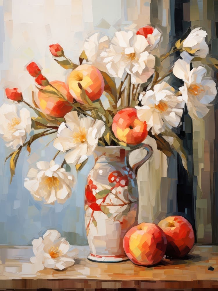 Peinture de nature morte avec coquelicot et pêches 3 Onirique