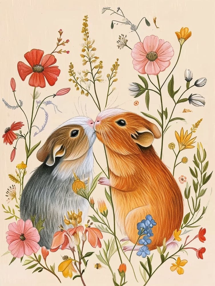 Folksy Floral Animal Drawing Guinea Pig 3
