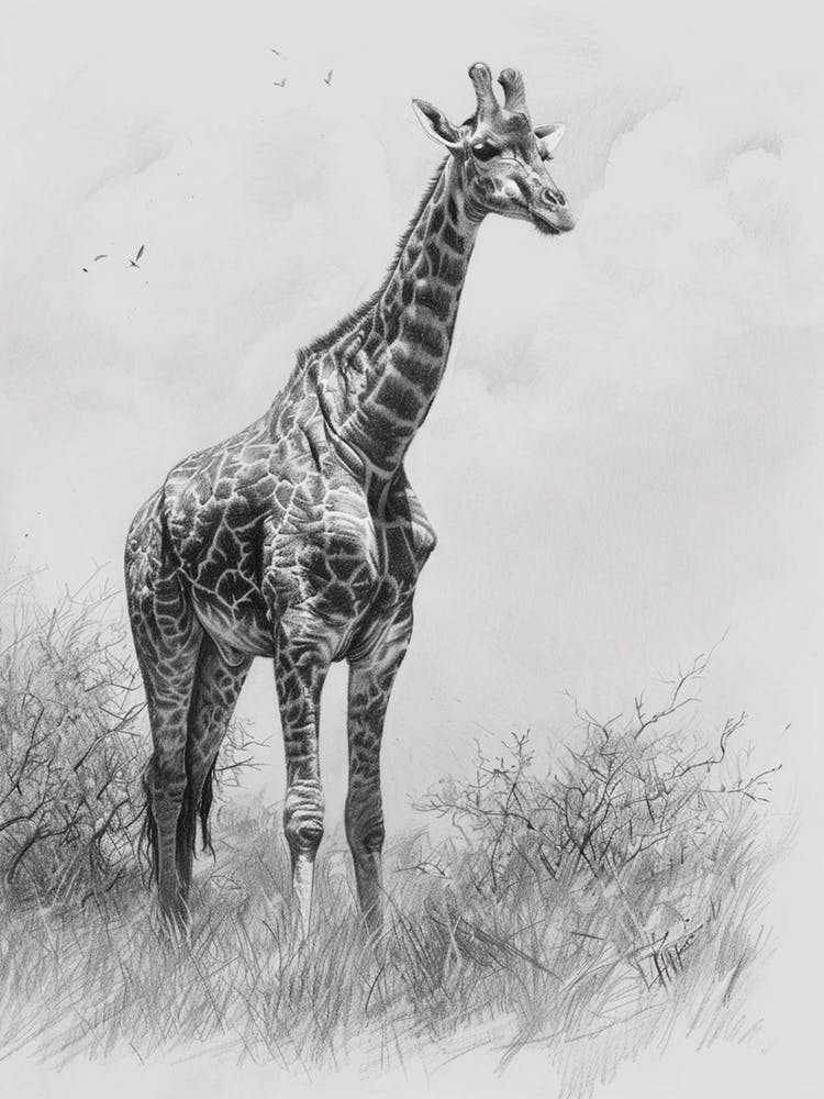 Giraffe In The Grass Pencil Drawing 1