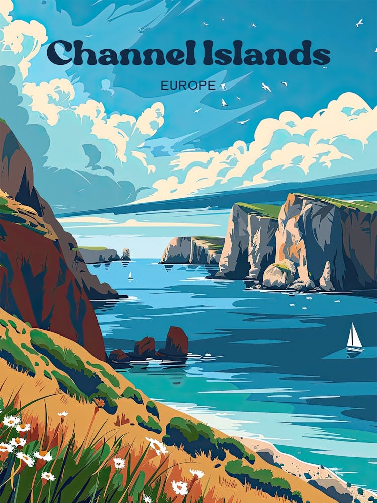 Channel Islands Europe Hiking Travel Art Illustration