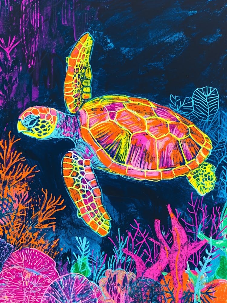Neon Underwater Sea Turtle Doodle 2