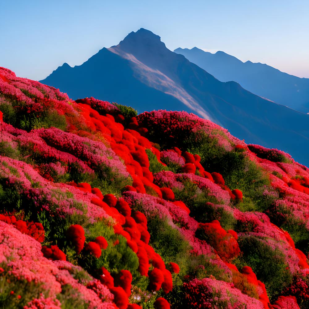 A Large Mountain With Red Flowers Stacked Below It And A Wide Blue Sky In The Background With No Tre (1)