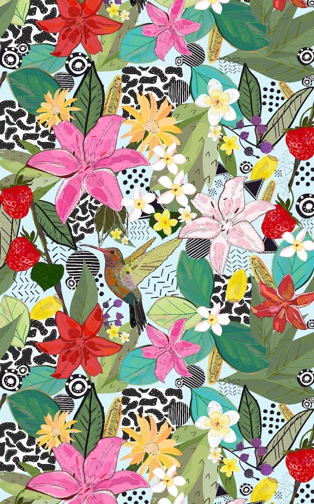 Tropical Pattern With Humming Bird, Strawberry And Colorful Lily Floral Pattern