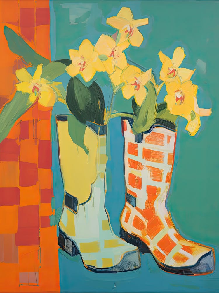 Painting Of Yellow Flowers And Cowboy Boots, Oil Style  2