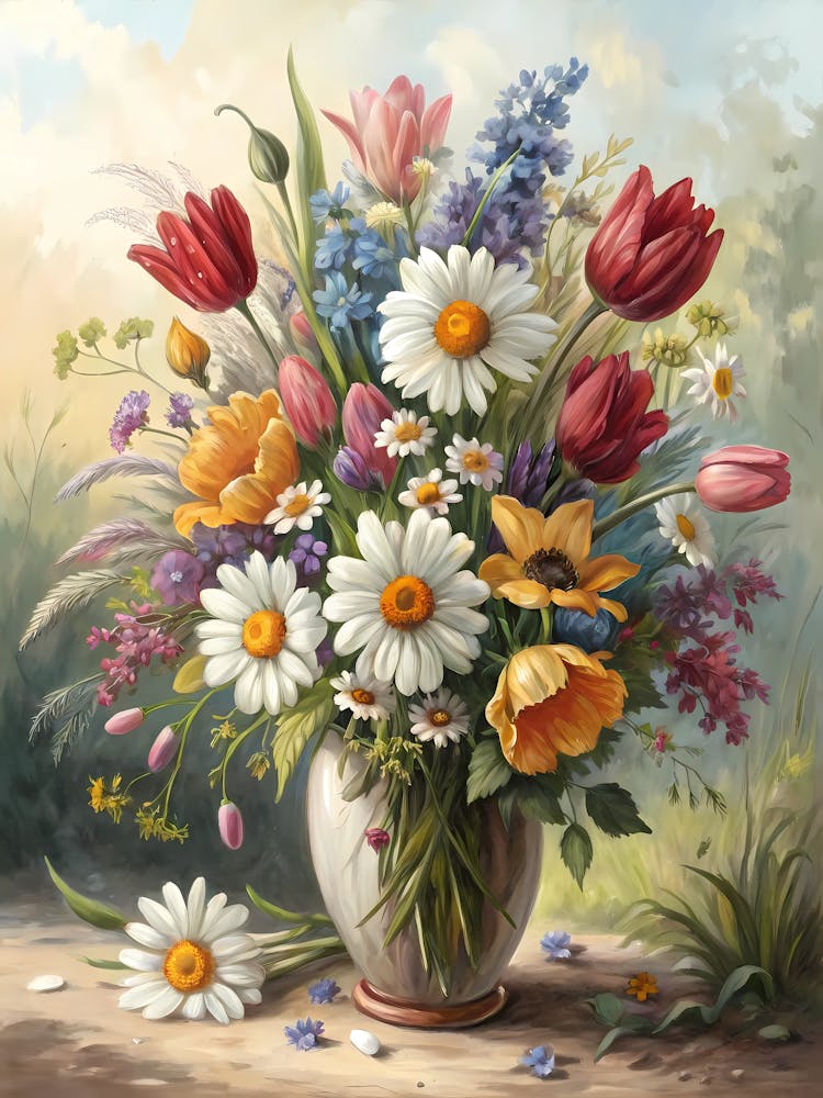 Artistic Bouquet of Mixed Spring Flowers Oil Painting Style