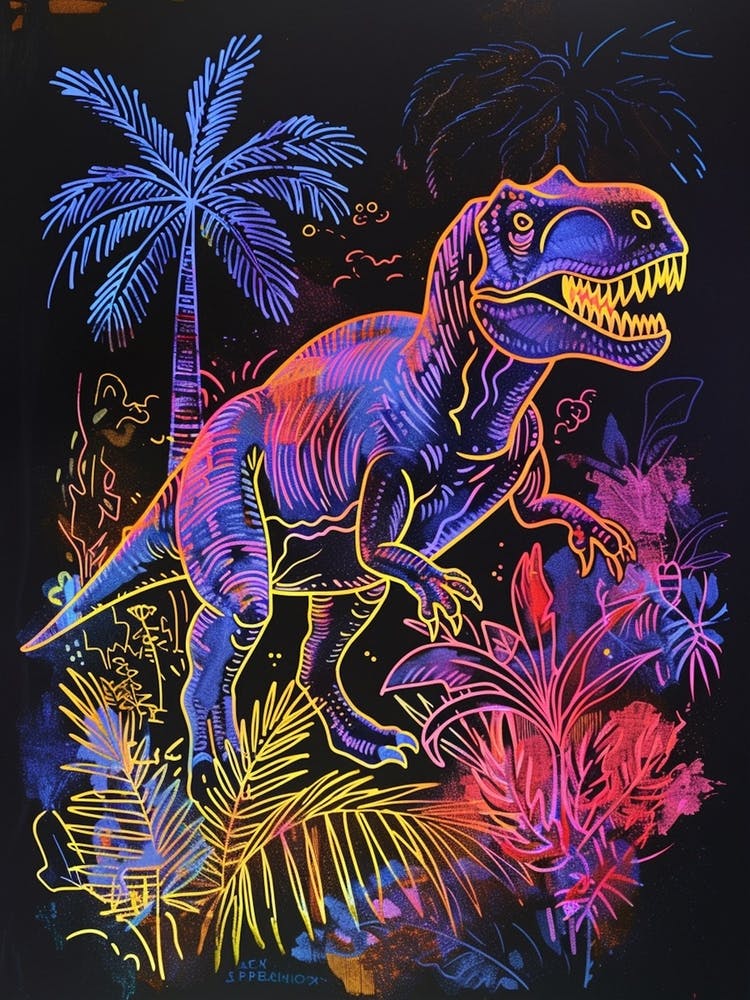 Neon Dinosaur Lines In The Leaves 1