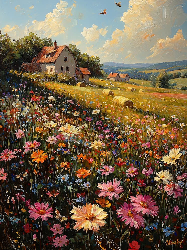 Wildflowers In The Meadow, Impressionist Oil Painting – Inspired by Renoir