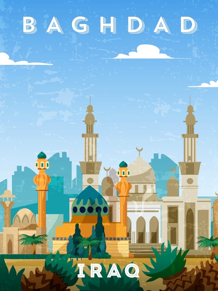 Baghdad, Iraq — Retro travel minimalist poster