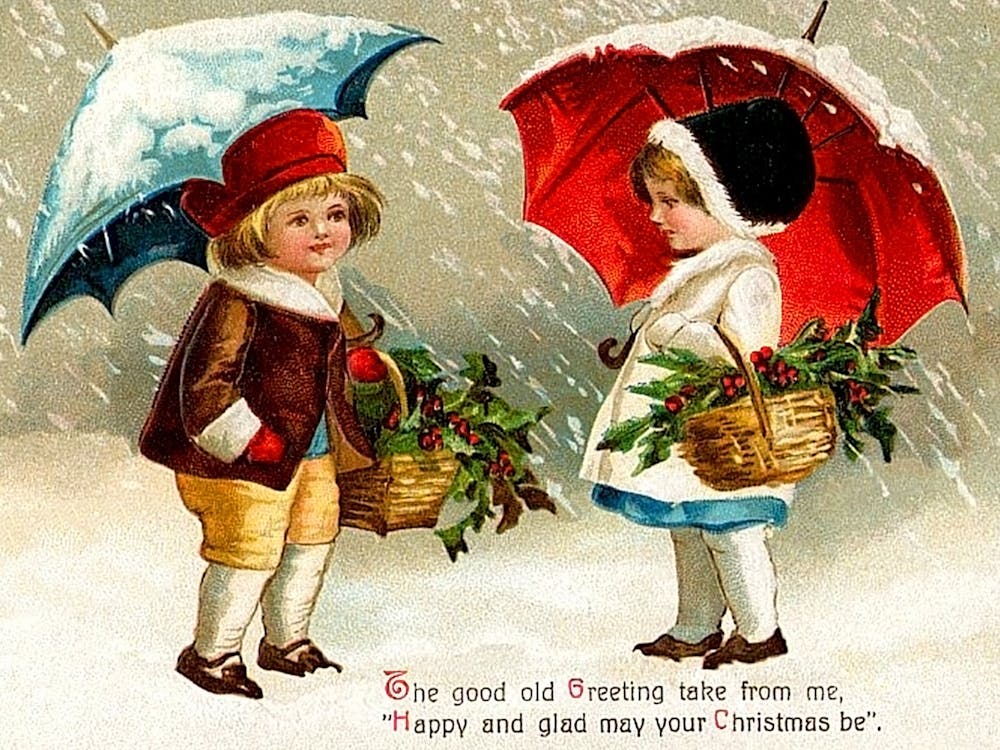Two Little Girls Meet On Snow, Christmas Greeting