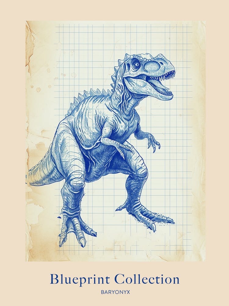 Baryonyx Dinosaur Blue Print Sketch 3 Poster