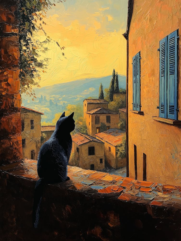 Schwarze Katze in den Straßen der Toskana, Rustikale Architektur