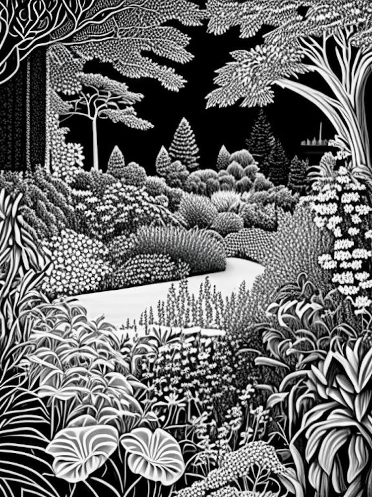 Rhs Garden Wisley, 1, United Kingdom Linocut Black And White Vintage