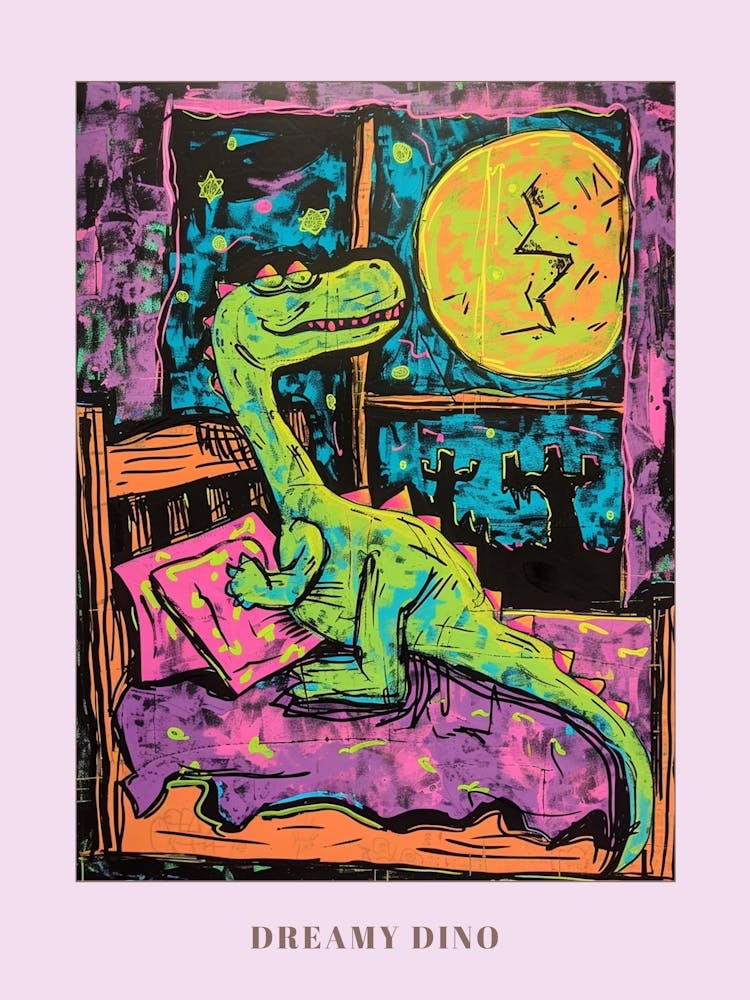 Dinosaur Snoozing In Bed At Night Abstract Illustration 2 Poster