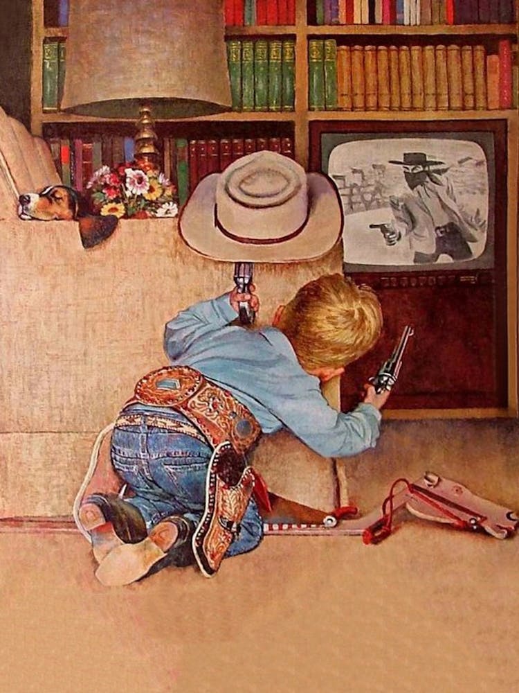 Little Cowboy Having Gunfight With Western TV Show, Funny, Vintage, Western Aesthetic