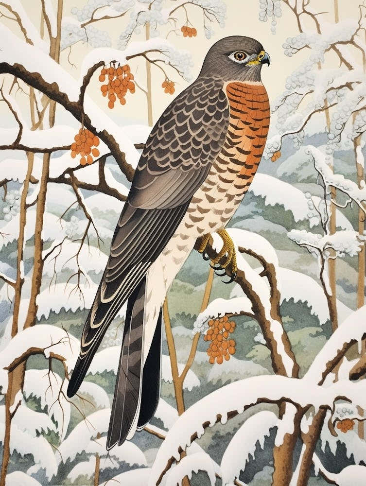 Winter Bird Painting Eurasian Sparrowhawk 1
