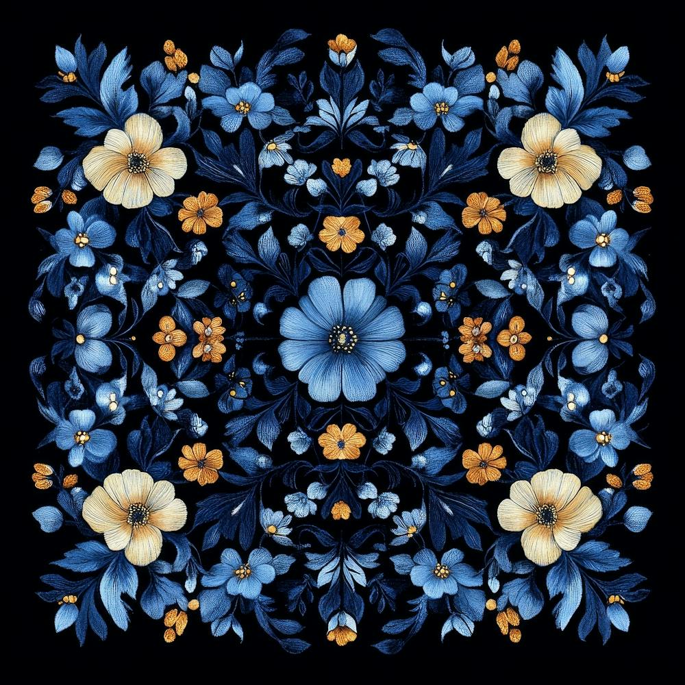Blue Flowers On A Black Background Art
