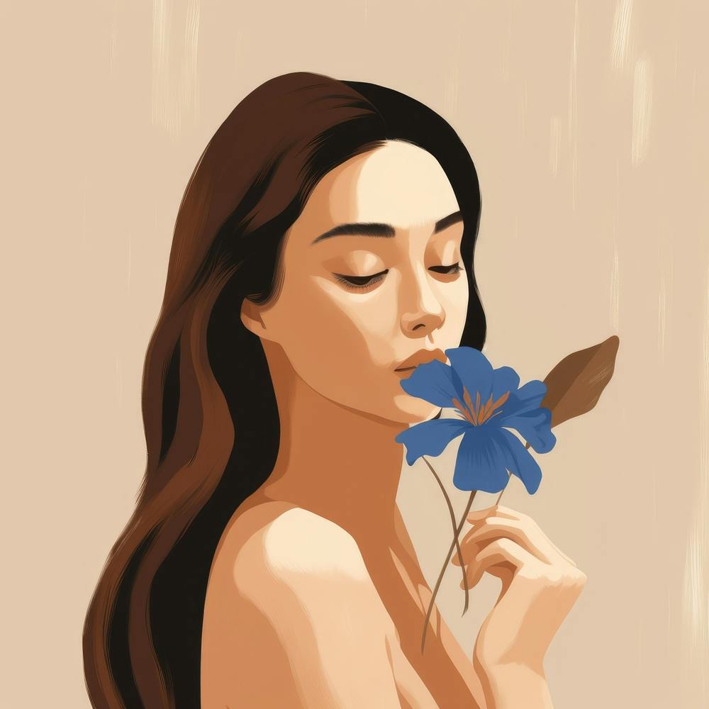 Girl Smelling Blue Flower