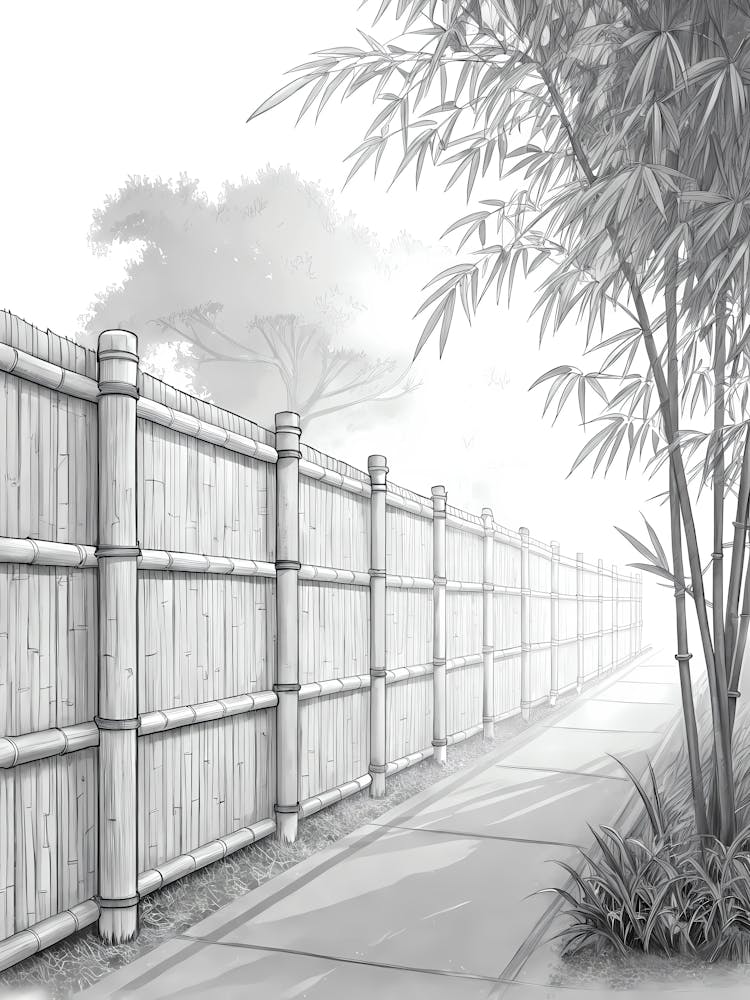 Minimalist Ink Sketch Of Bamboo Fence With Shado
