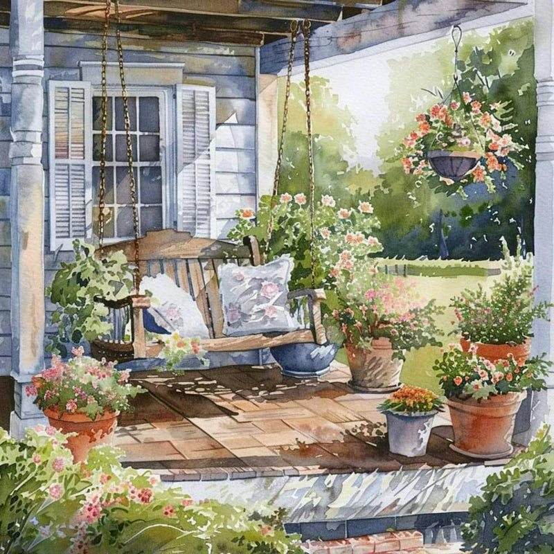 The Porch at the Country Farmhouse | Swing Pots of Flowers Watercolor Painting | Idyllic Countryside Home Sweet Home | HD