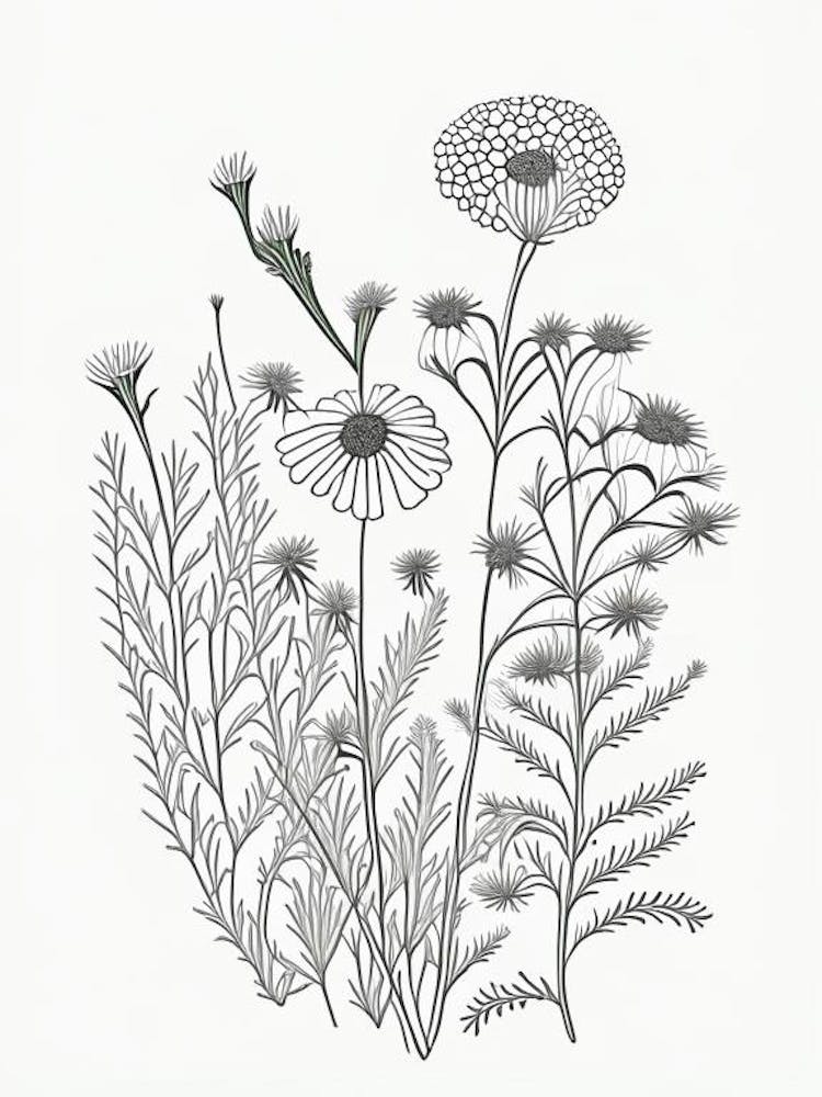 Chamomile Herb William Morris Inspired Line Drawing 1