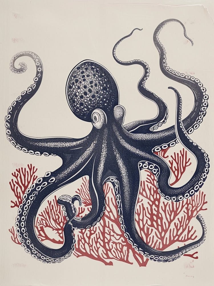 Octopus Linocut Style With Aqua Marine Plants 2